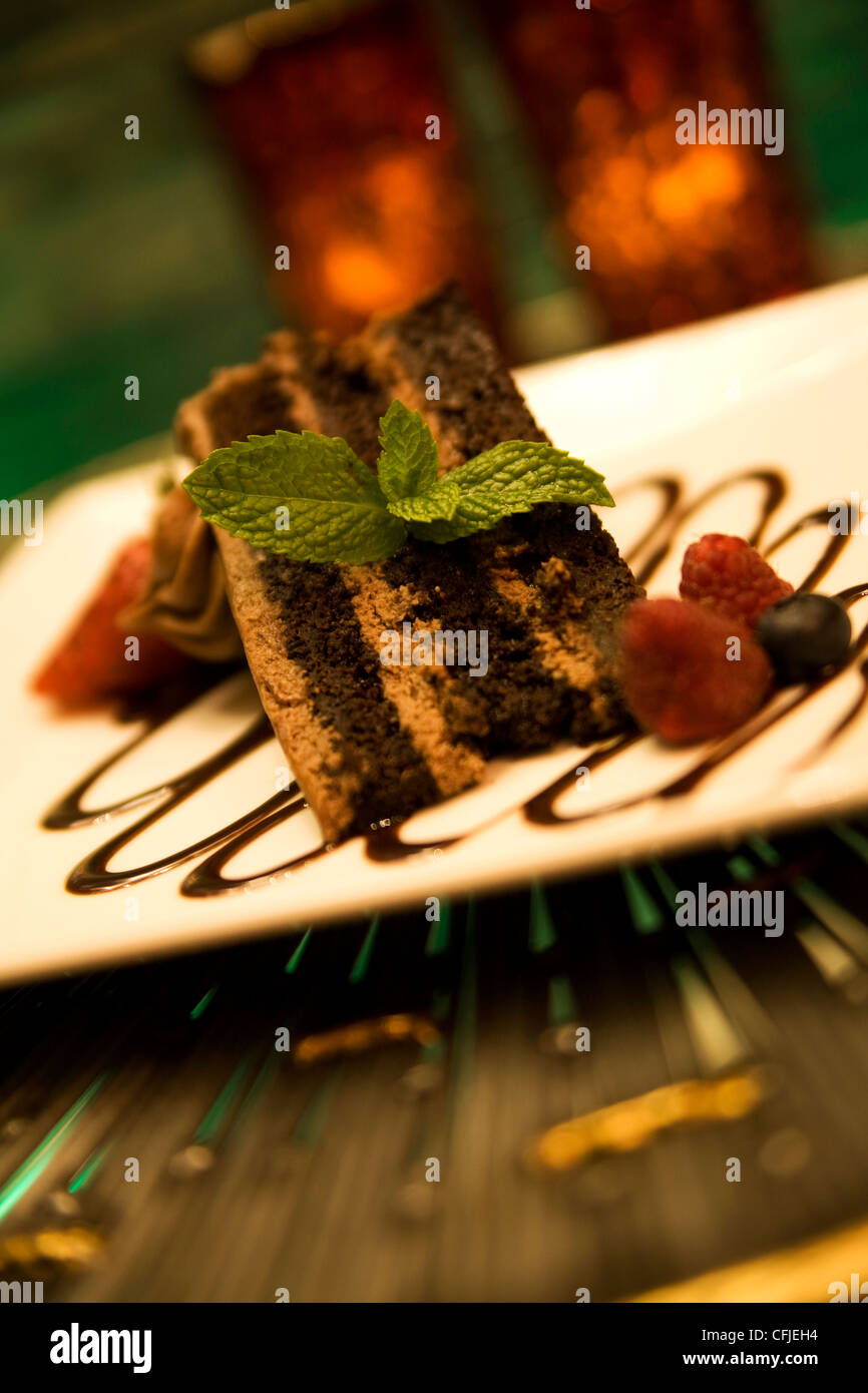 Dreischichten-Schokoladenkuchen mit frischer Minze, Beeren und Schokoladensauce Stockfoto