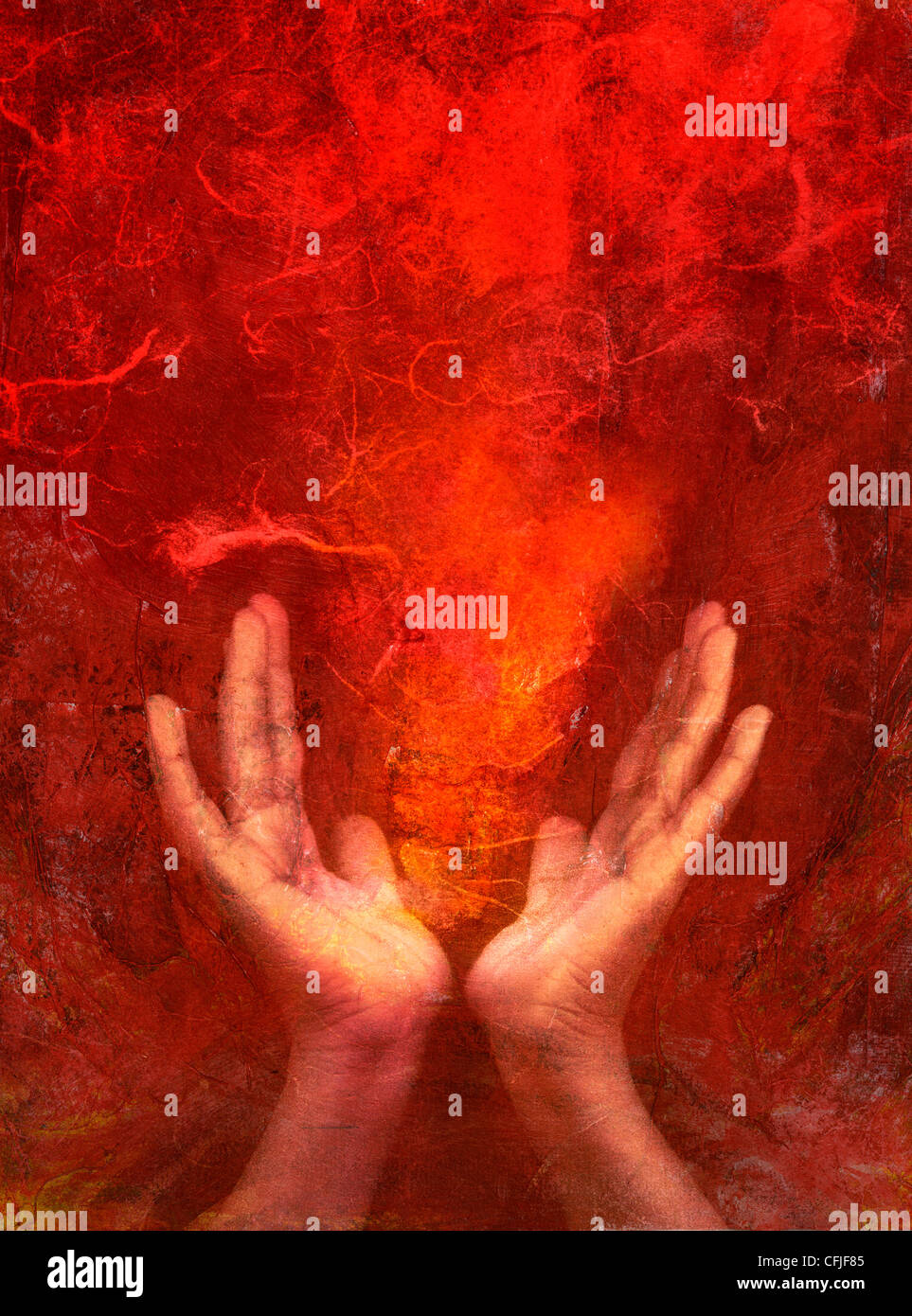 Foto basierte gemischte mittlere Bilder von Händen mit roten "Feuer". Stockfoto