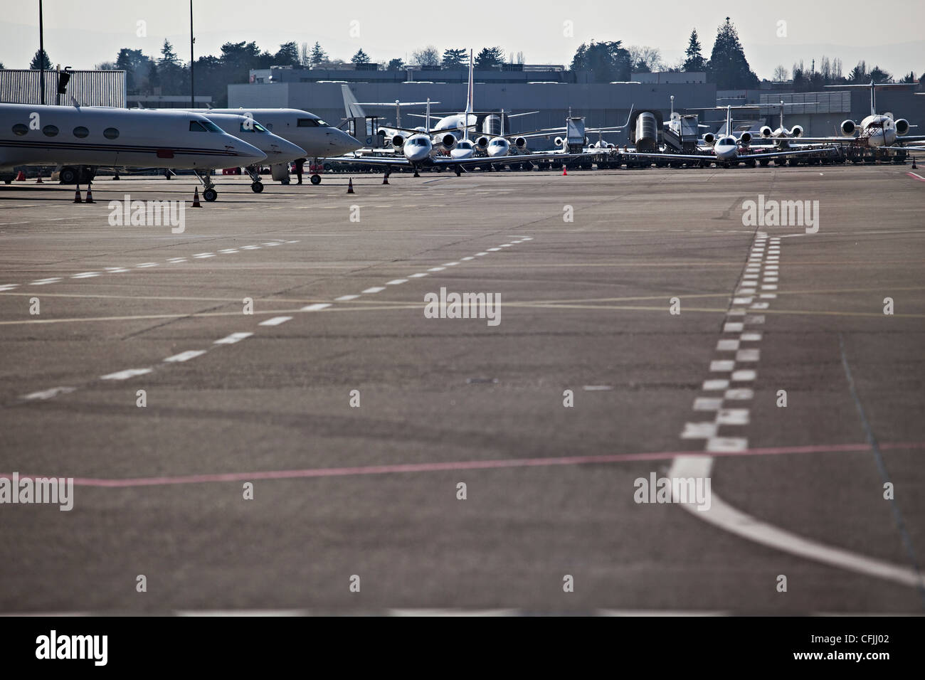 Business-Jets, Privatjets, Bizjets Park am internationalen Flughafen Genf. (CTK Foto/Rene Fluger) Stockfoto
