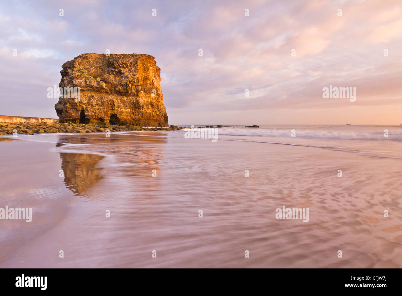 Marsden Rock, einem Kalkstein Meer Stapel in Marsden Bucht in der Nähe von South Shields und Whitburn, South Tyneside, England Stockfoto