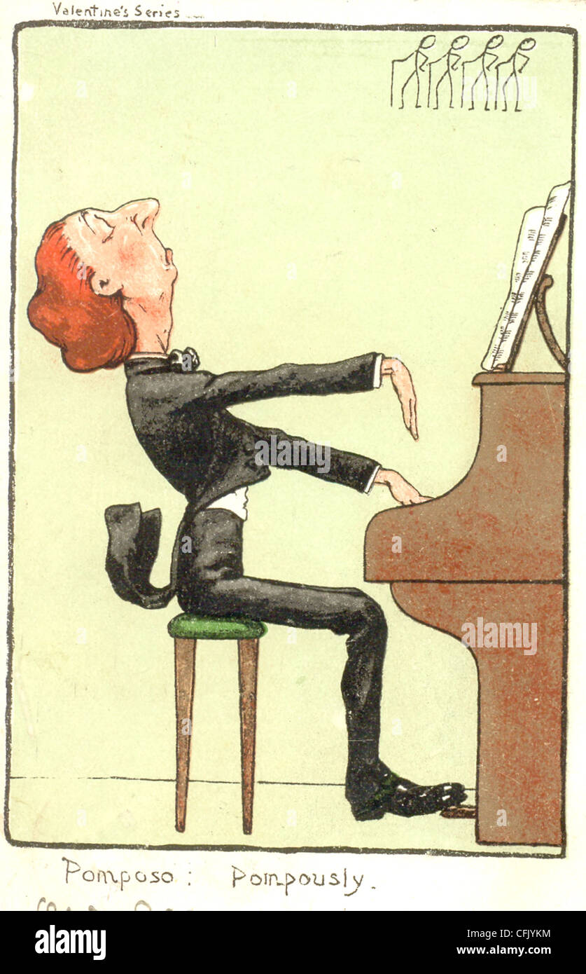 Comic-Postkarte, die sich über den pompös spielenden Pianisten aus der Zeit um 1903 lustig macht Stockfoto