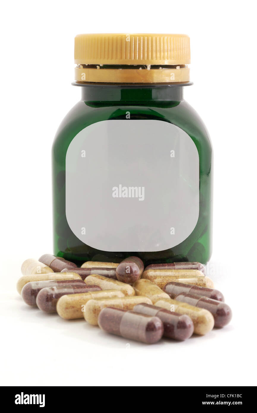 Kapseln, Pillen Medizin und Flasche Stockfoto