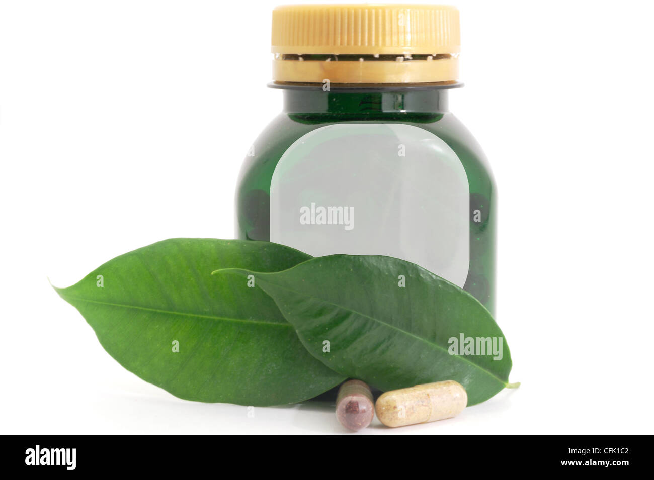 Kapseln Tabletten Bio und Flasche Medizin Stockfoto