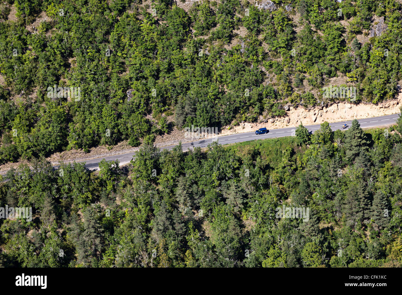 Auto und Fahrräder auf bewaldeten Straße, Gorges De La Jonte, Cevennen, Frankreich Stockfoto