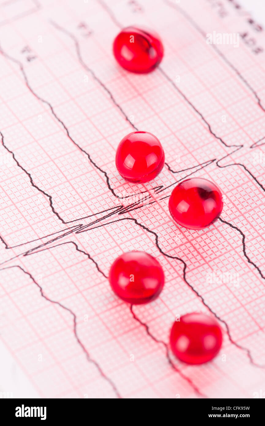Kardiologie. Makro der ECG Graph und Cardio-Pillen Stockfoto