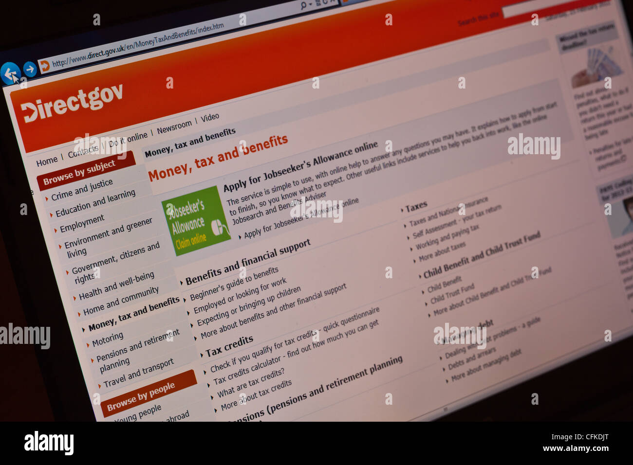 Directgov UK Regierung Website, Geld Steuern und Sozialleistungen Seiten. Stockfoto