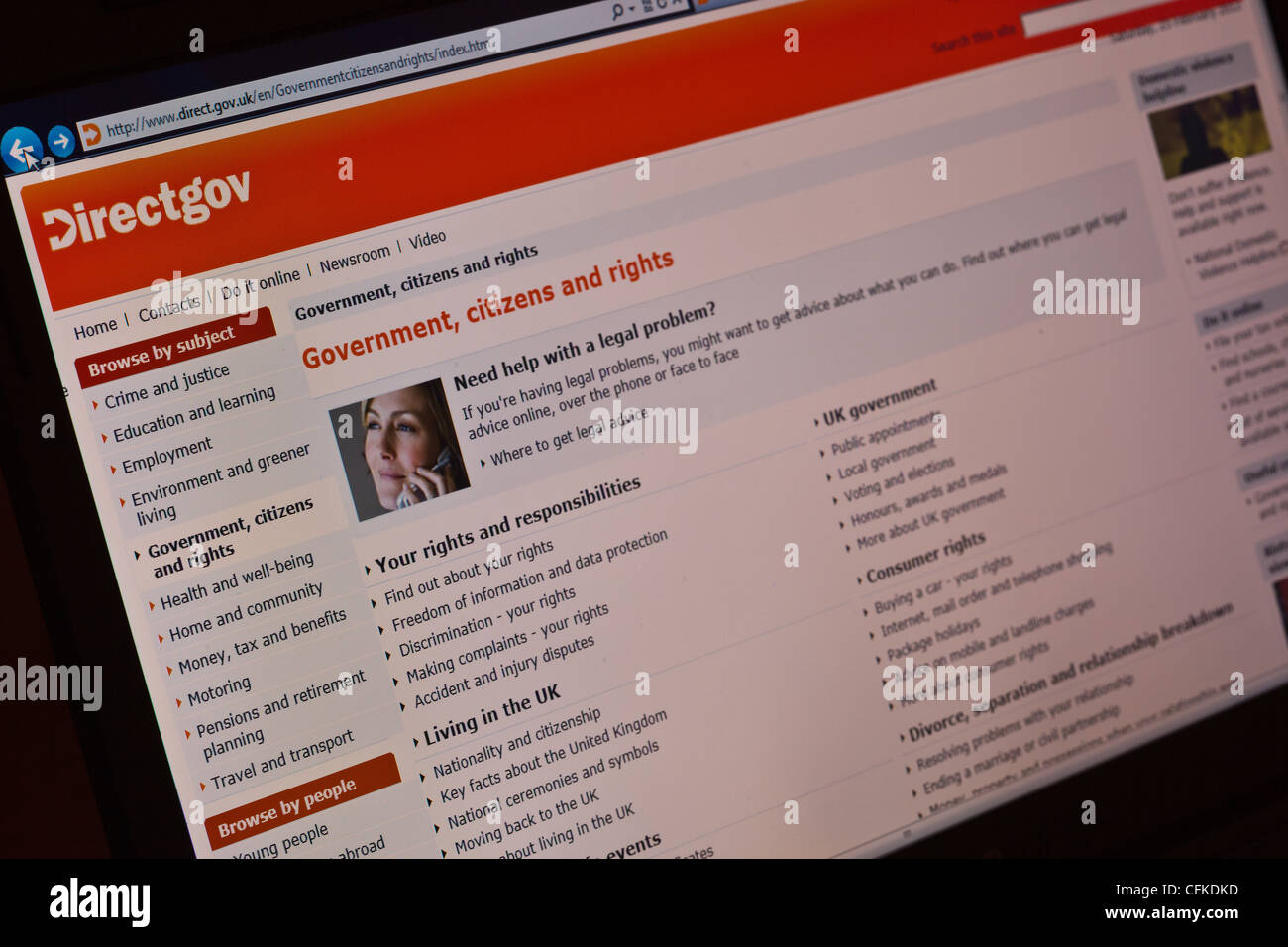 Directgov.UK und Rechte der Bürger Regierungswebsite. Stockfoto