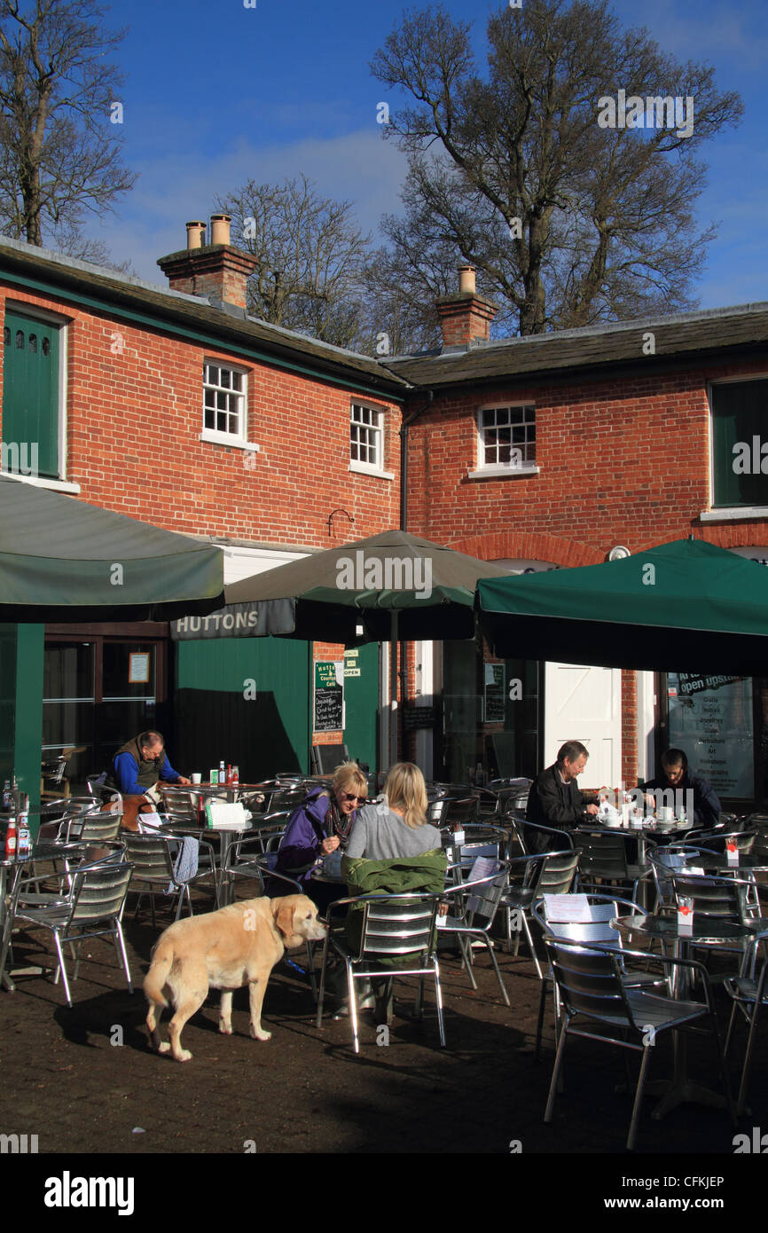 Menschen essen alfresco Huttons Courtyard Café, befindet sich innerhalb der Ställe Visitor Centre im Hylands Estate Stockfoto