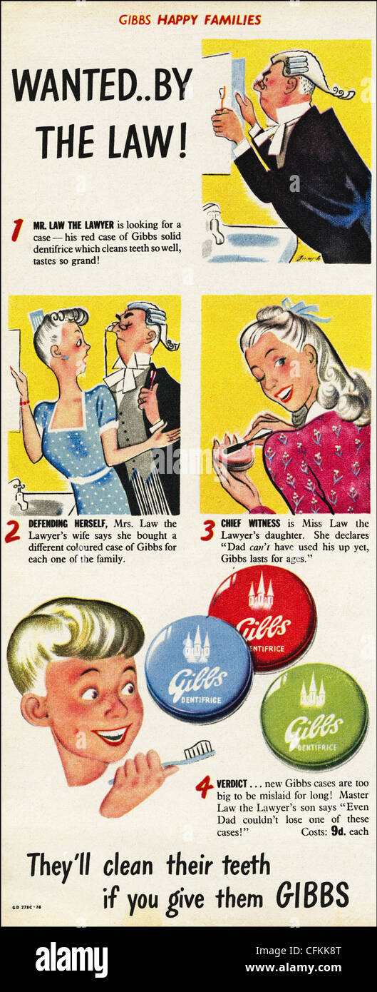 Original Magazin Werbung der 1940er Jahre Ära GIBBS Zahnpasta Werbung Stockfoto