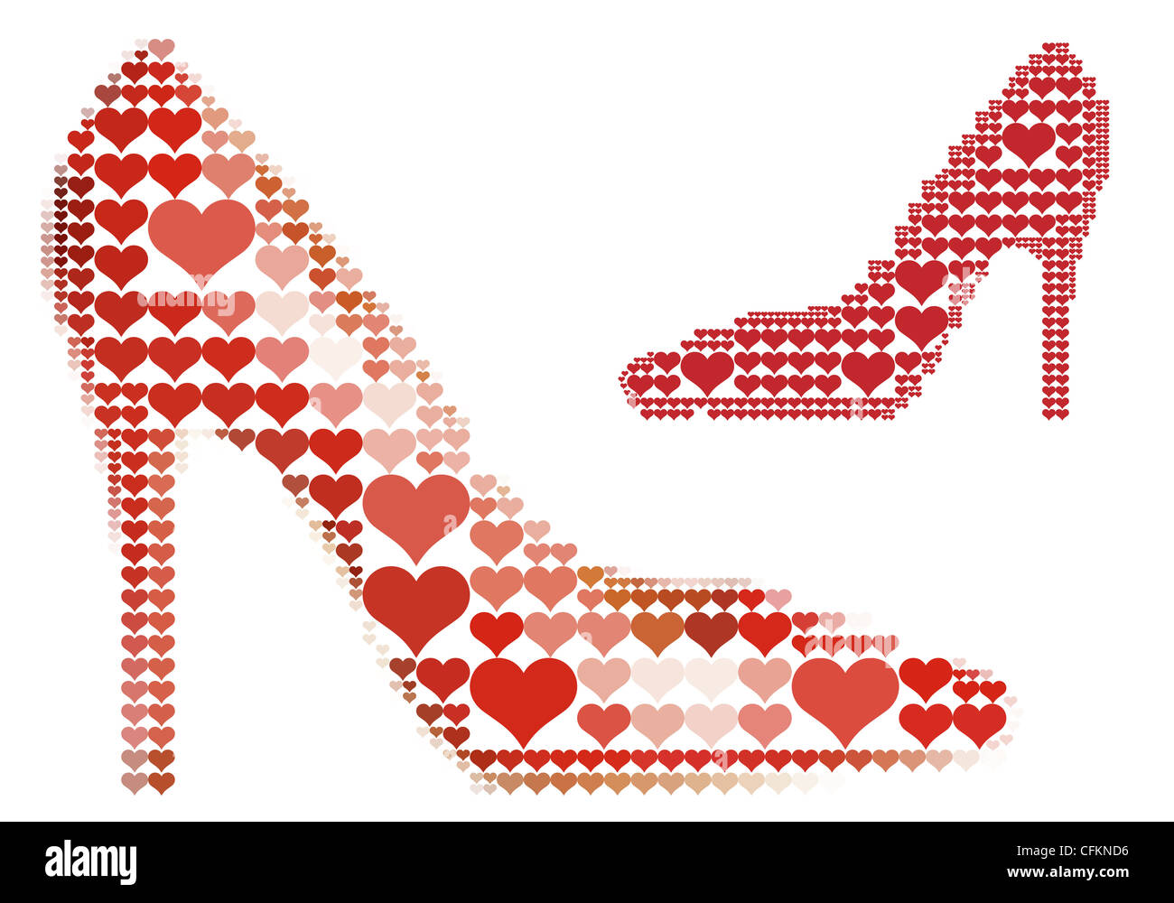 Schuh-Liebe, high Heels mit mit roten Herzen Muster Stockfoto