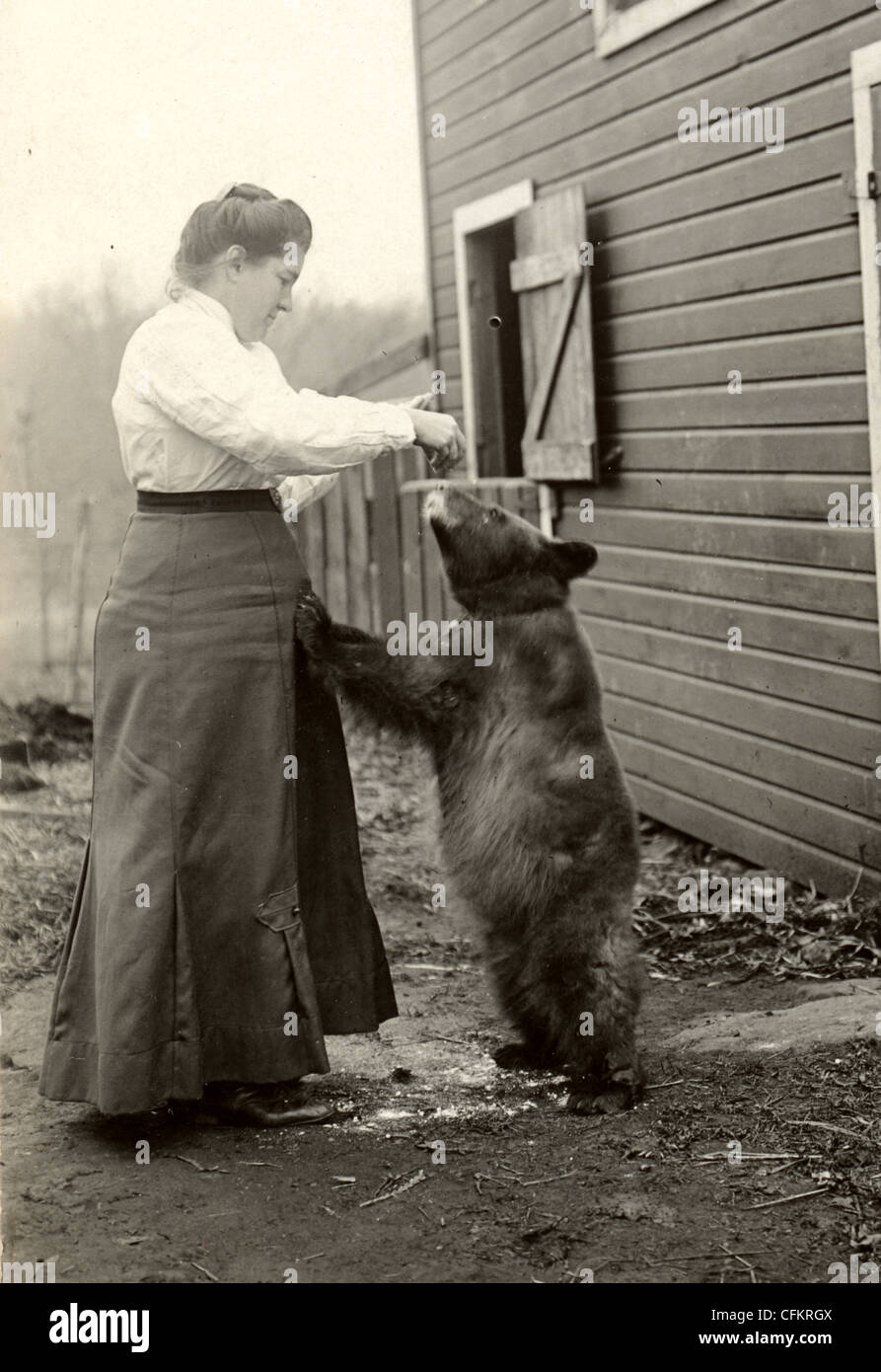 Applying Frau Fütterung einen zahmen Bären Stockfoto