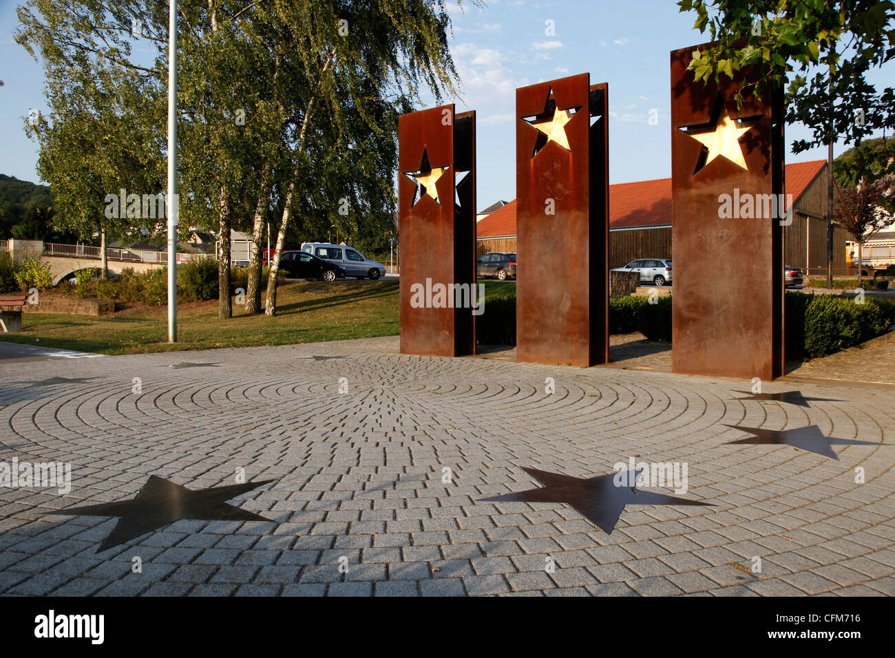 Denkmal für das Schengener Durchführungsübereinkommen, Schengen, Moseltal, Luxemburg, Europa Stockfoto