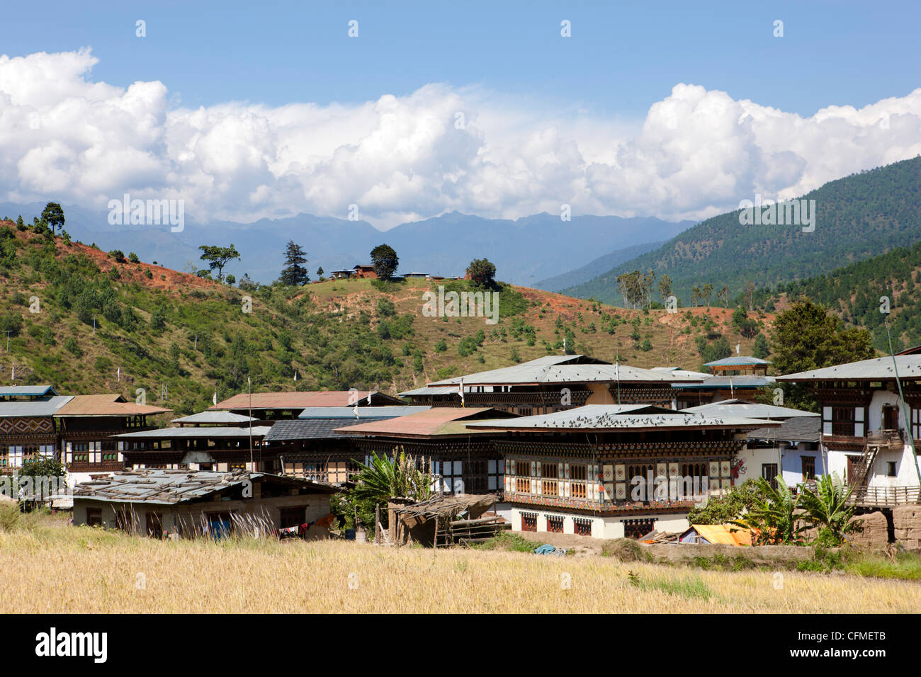 Kleine Siedlung von Pana im Punakha-Tal in der Nähe von Tempe, Lhakhang Tempel, Punakha, Bhutan, Himalaya, Asien Stockfoto