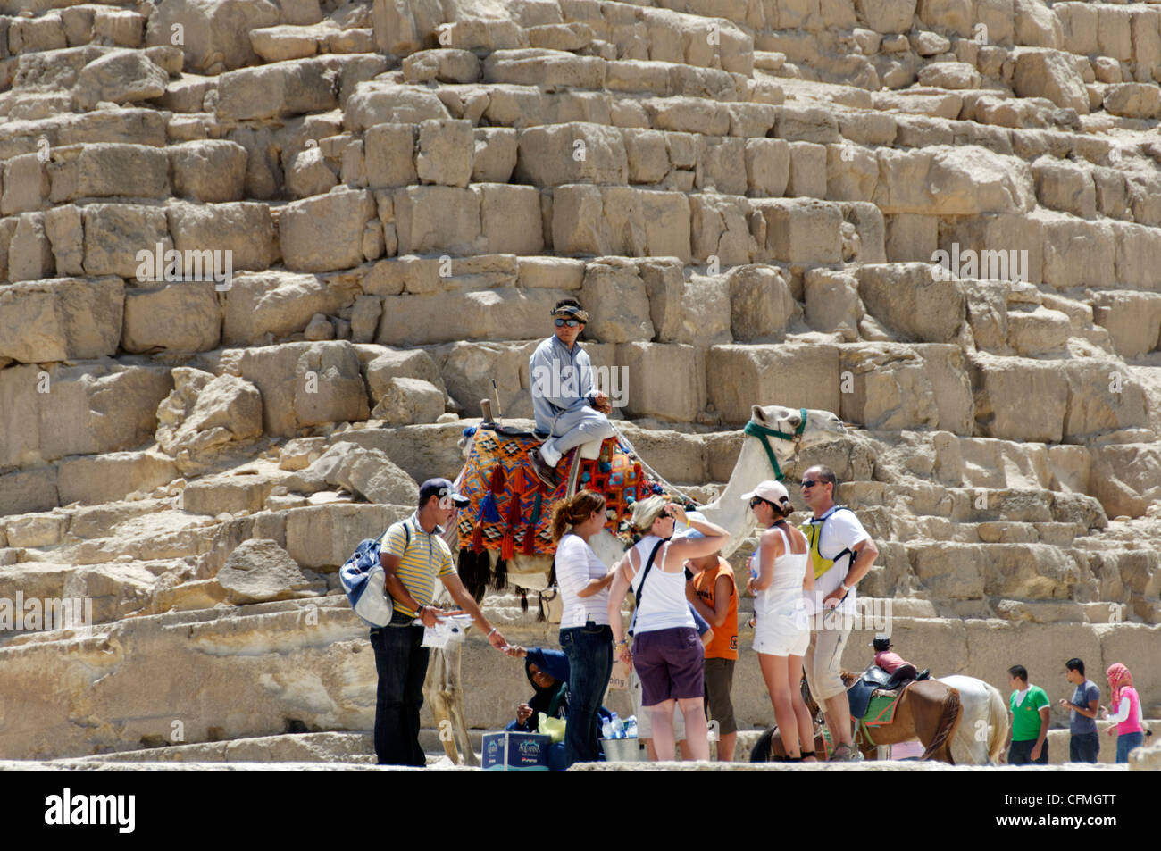 Gizeh. Kairo. Ägypten. Blick auf Mann mit Sonnenbrille auf weißen Kamel sitzend mit Menschen Touristen stehen im Chat neben der Stockfoto