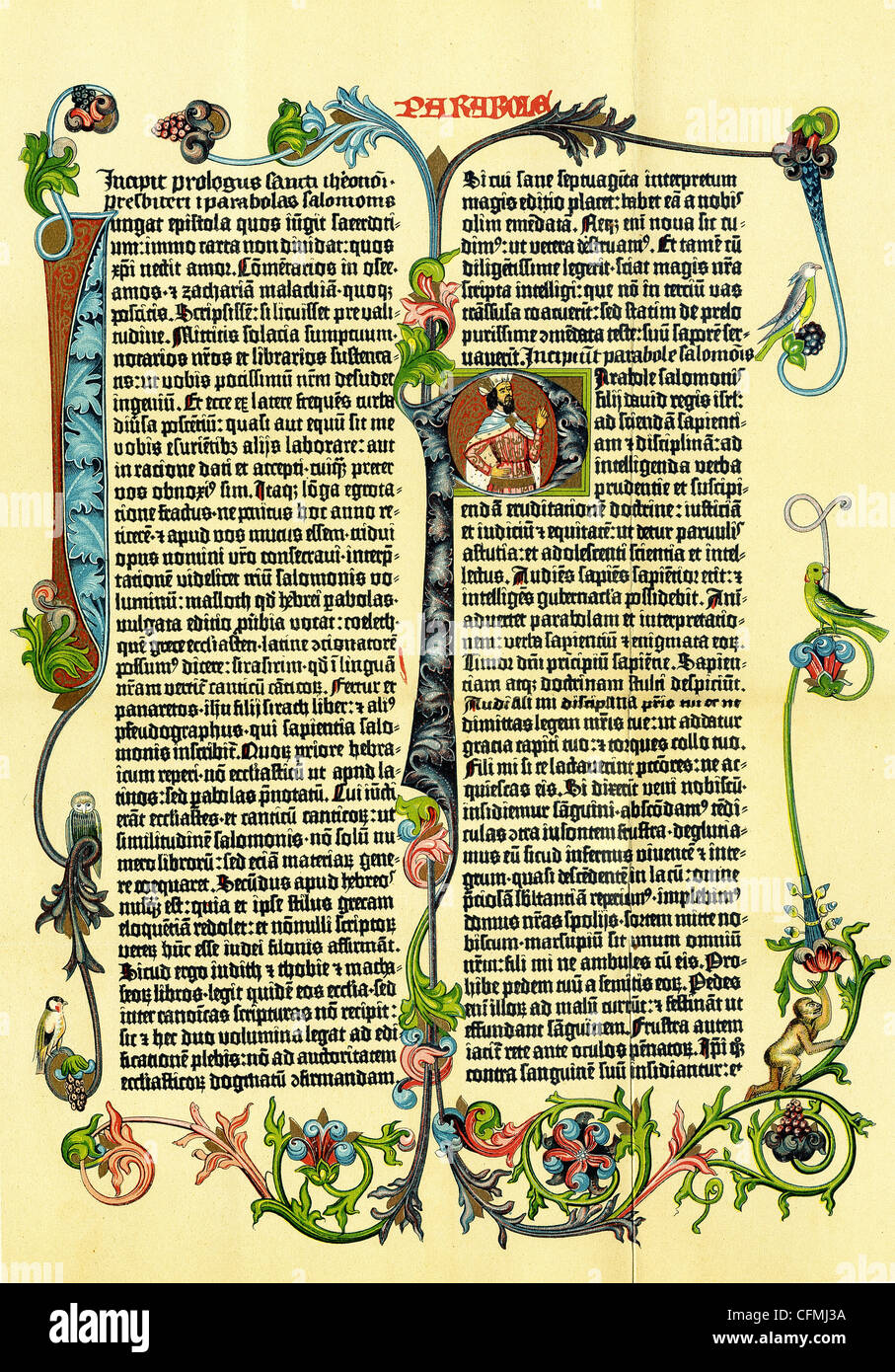 Diese illustrierte Seite ist aus der Gutenberg-Bibel, auch bekannt als die 42 Linie Bibel, entstand um 1453-1456. Stockfoto
