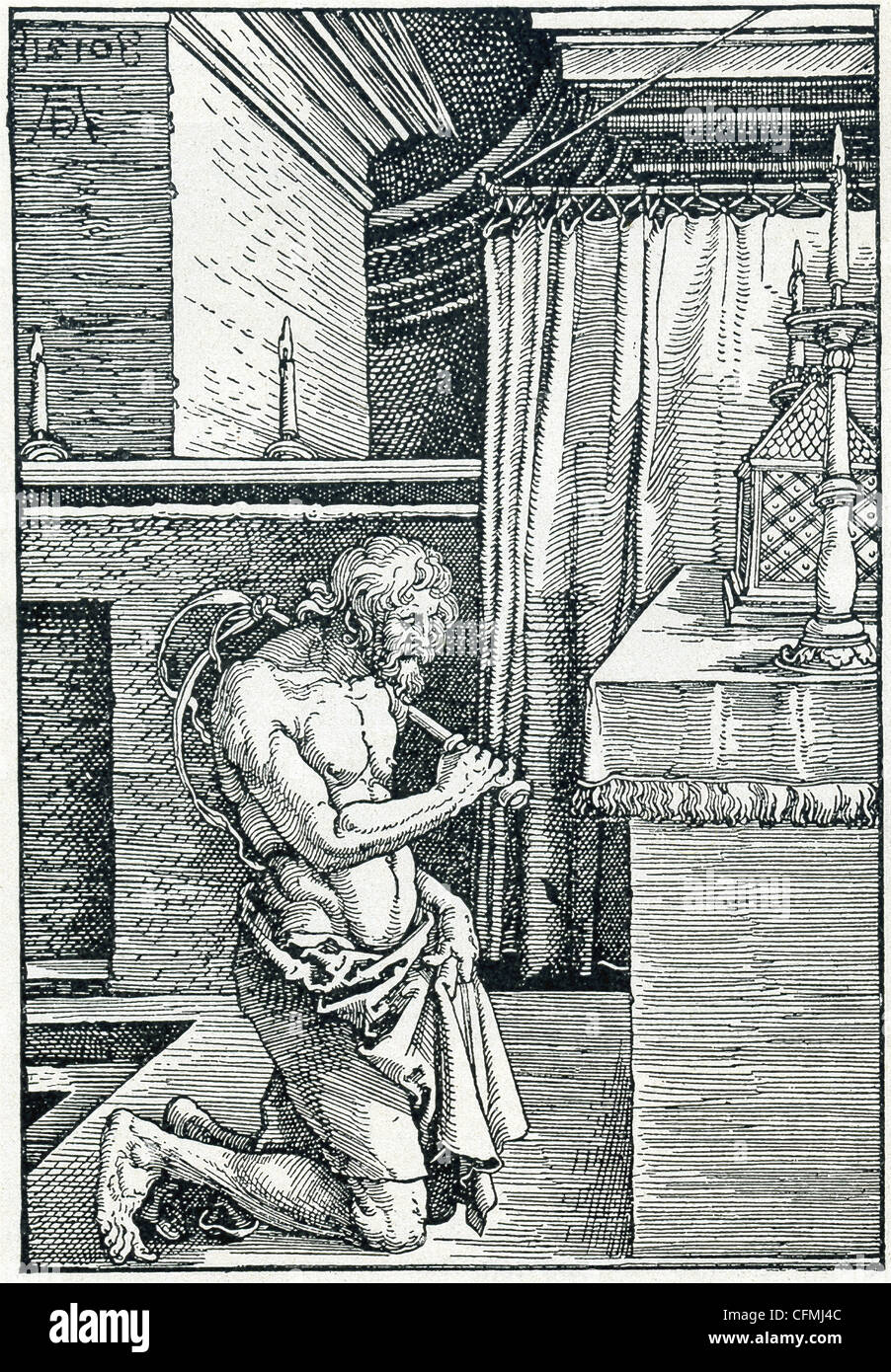 In diesem Stich von deutscher Maler, Grafiker und Kupferstecher Albrecht Dürer (1471-1528), peitscht ein geistlichen selbst. Stockfoto