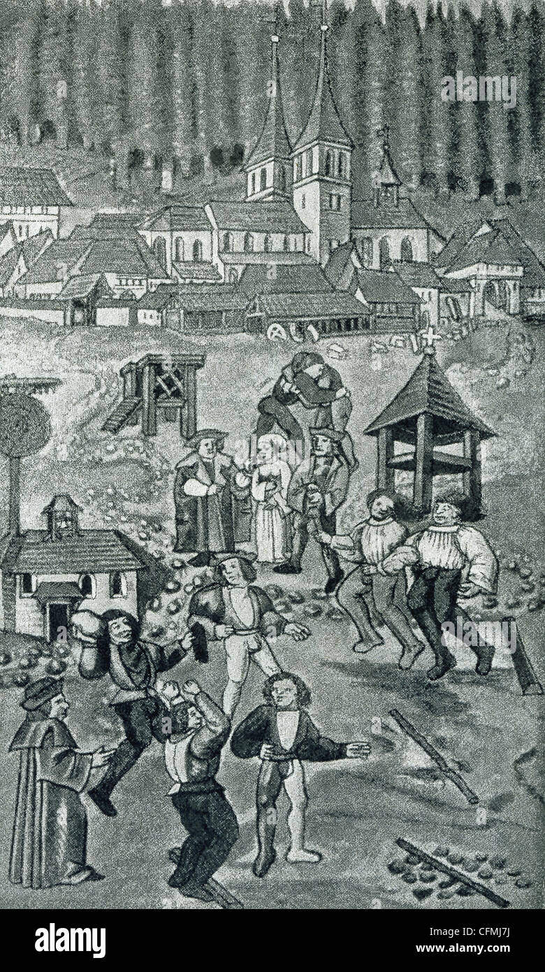 Dieses zeitgenössische Gemälde zeigt den Kreuzgang oder Abtei Einsiedeln (Einstedeln) zum Zeitpunkt des Schweizer Reformators Ulrich Zwingli. Stockfoto