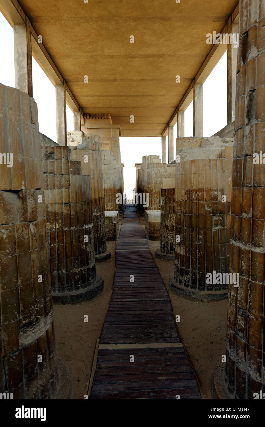 Sakkara. Ägypten. Blick auf die zwei Reihen von 20 gerippte Spalten über sechs Meter hoch in der Galerie Eingang Sakkara Djoser Stockfoto