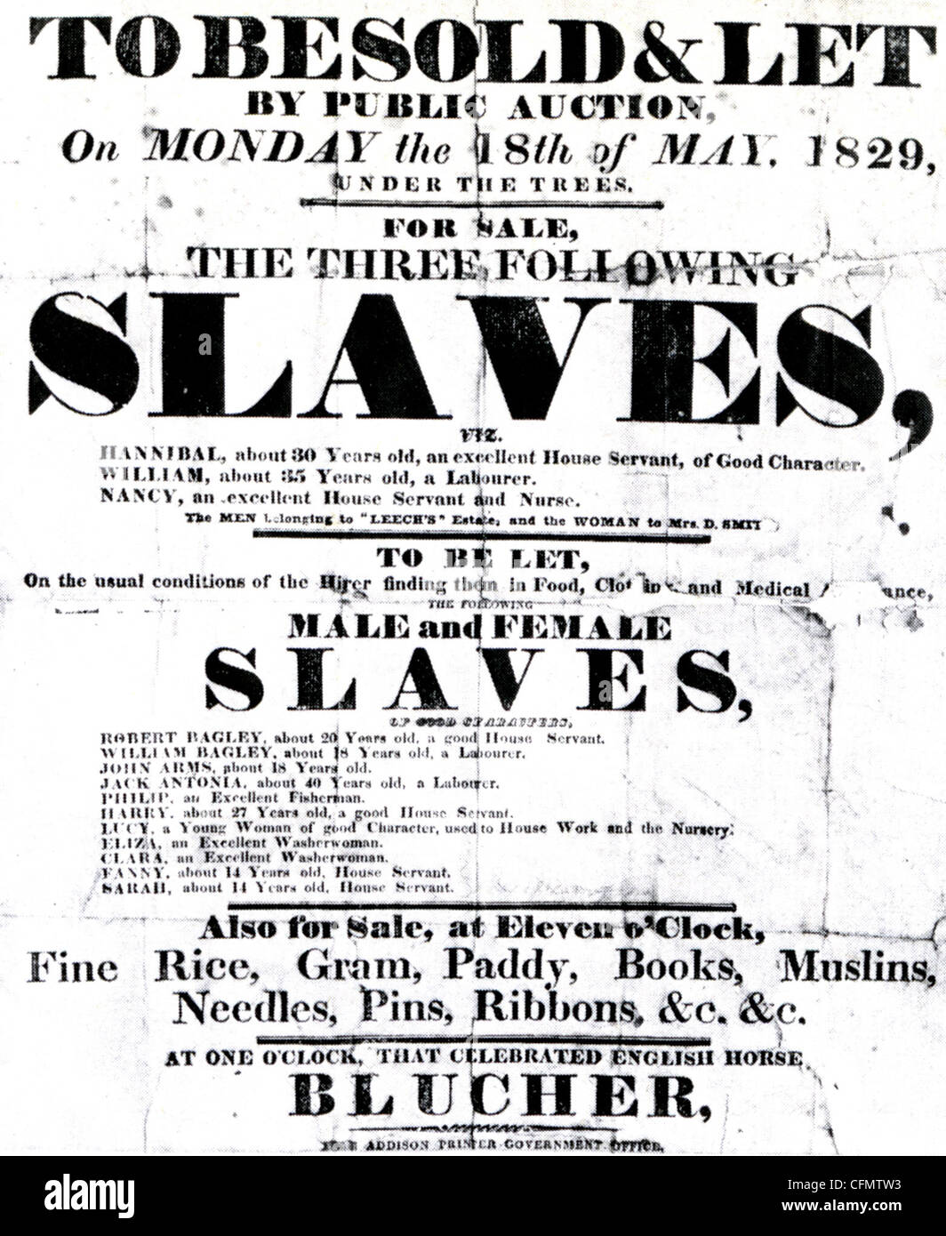 SLAVE-Auktion Ankündigung in St Helena am 18. Mai 1829 Stockfoto