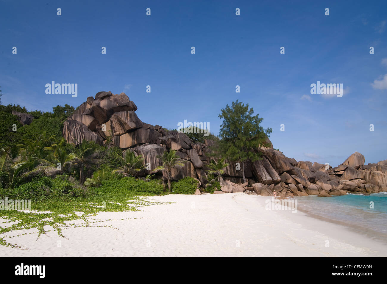 Seychellen, LA DIGUE ISLAND ist einer der beliebtesten Orte für Touristen wegen seiner Ruhe und schöne Strände. Stockfoto