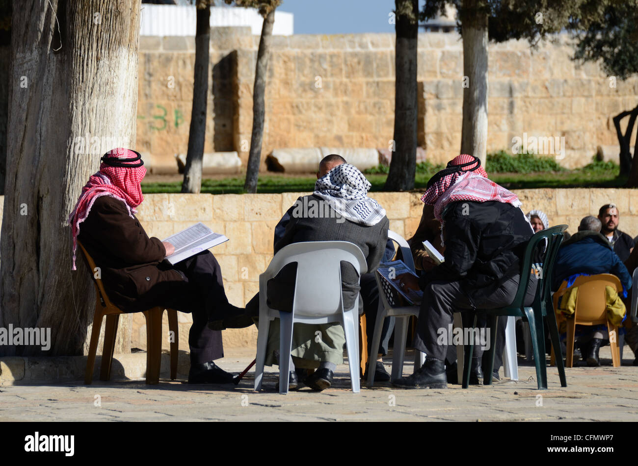 Islamische religiöse Diskussion auf dem Tempelberg in der Altstadt von Jerusalem, Israel. Stockfoto