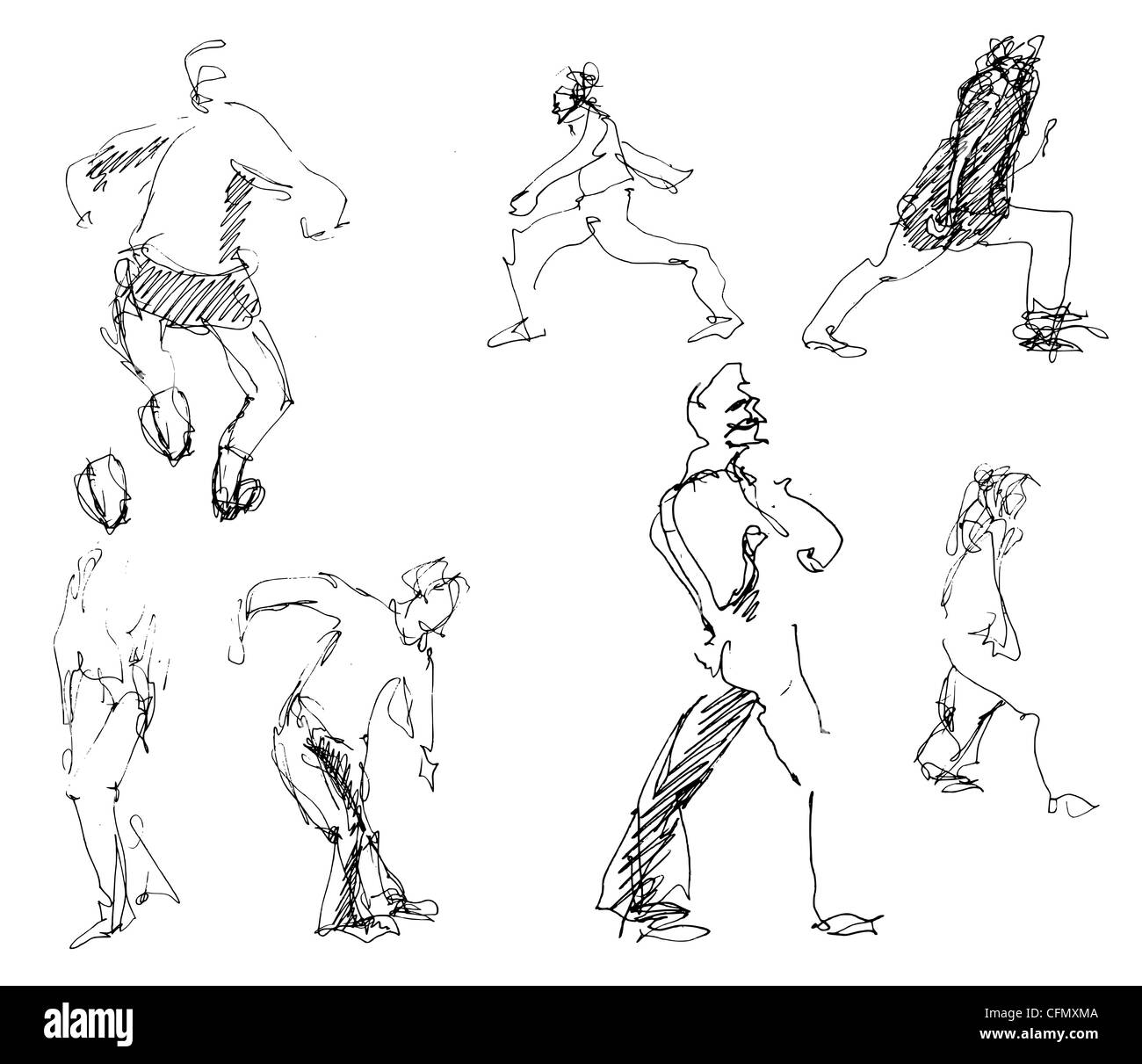 Eine Serie von 17 informellen handgezeichneten Skizzen/Doodles, die als Illustrationen zu verschiedenen Motiven verwendet werden. Witzig urkomisch seltsam albern oder tödlich ernst. Stockfoto