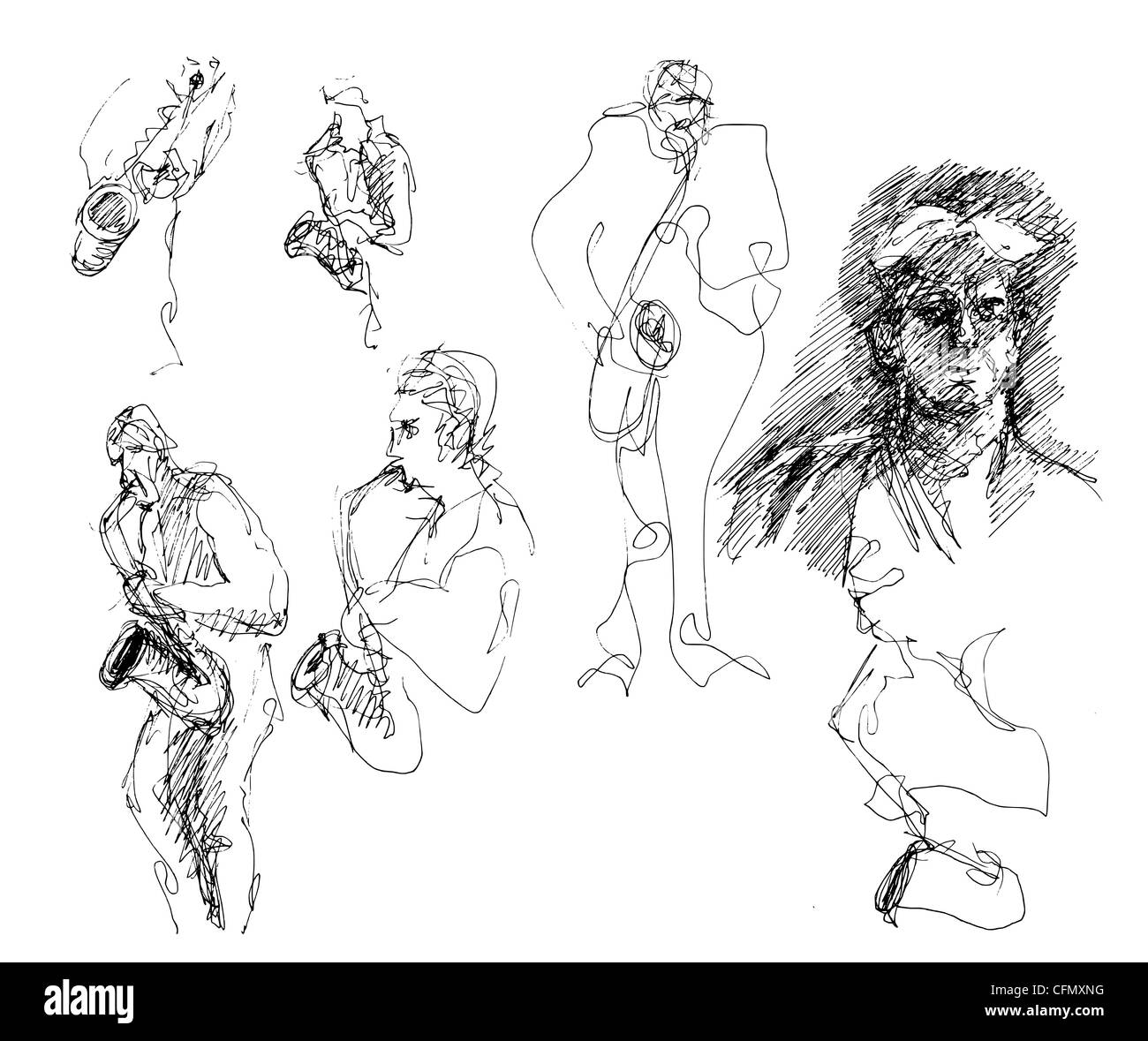 Eine Serie von 17 informellen handgezeichneten Skizzen/Doodles, die als Illustrationen zu verschiedenen Motiven verwendet werden. Witzig urkomisch seltsam albern oder tödlich ernst. Stockfoto