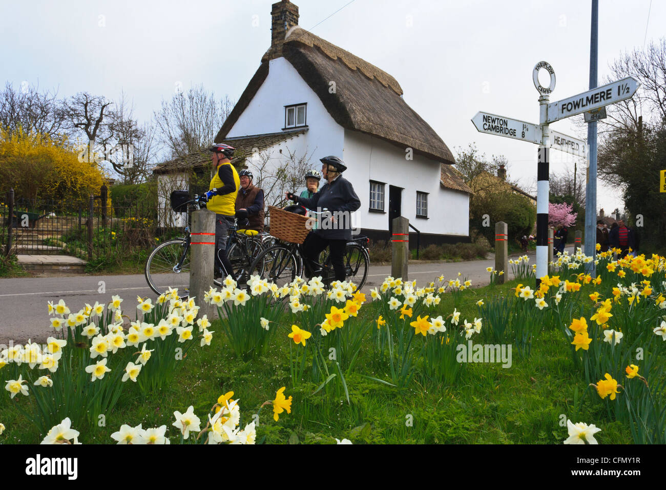 Radfahrer von einer Straße Sign. in das Dorf Thriplow, Cambs  Narzissen im Vordergrund, eine strohgedeckte Hütte im Hintergrund. Stockfoto