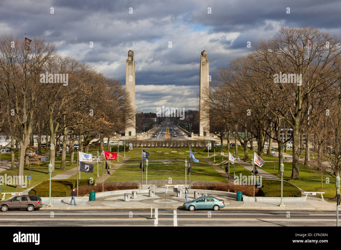 Blick von hinten Pennsylvania State Capitol-Gebäudes East in Richtung State Street im winter Stockfoto