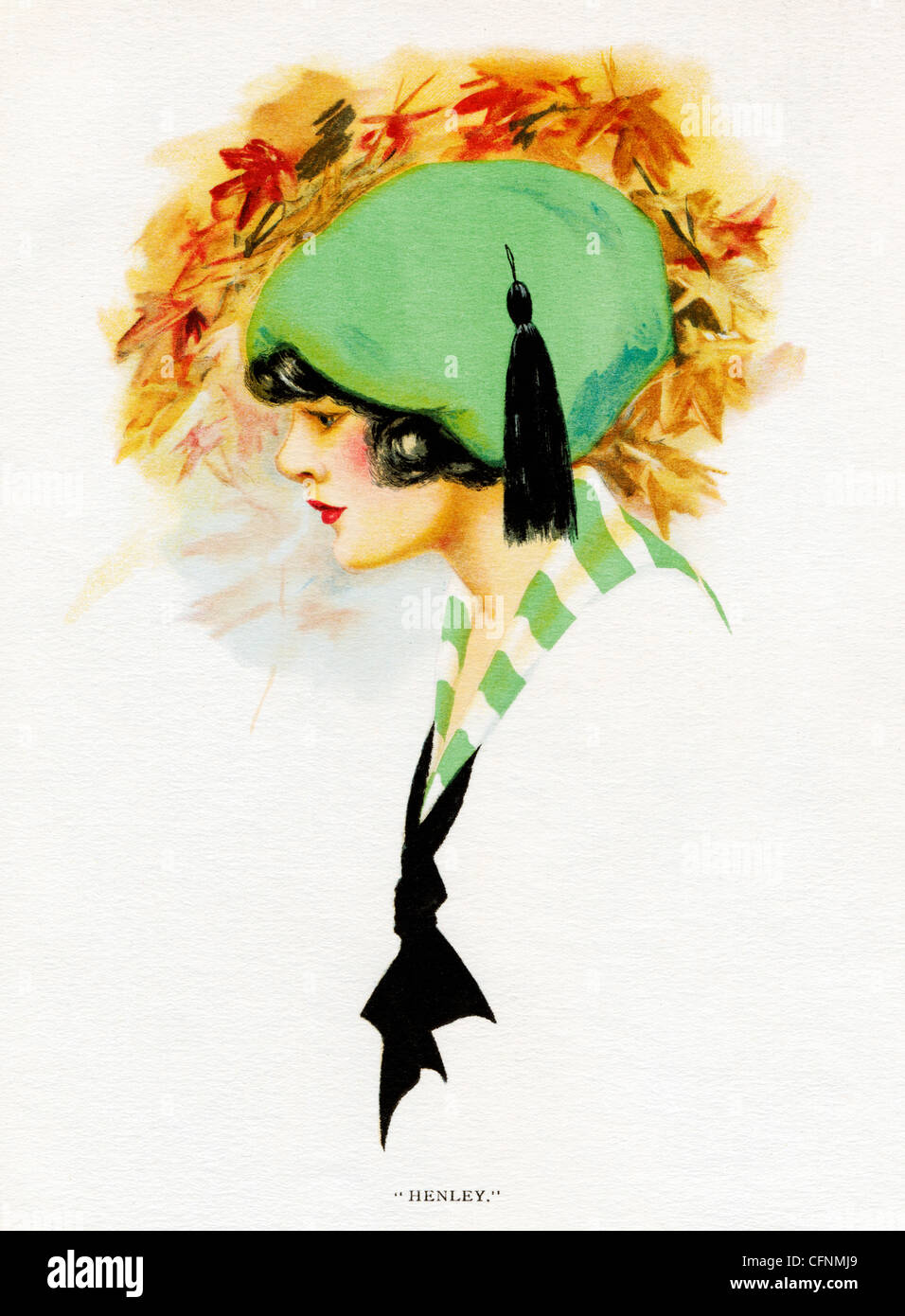 Henley, 1920 Art Deco-Abbildung von einem hübschen Mädchen in einen grünen Hut Stockfoto
