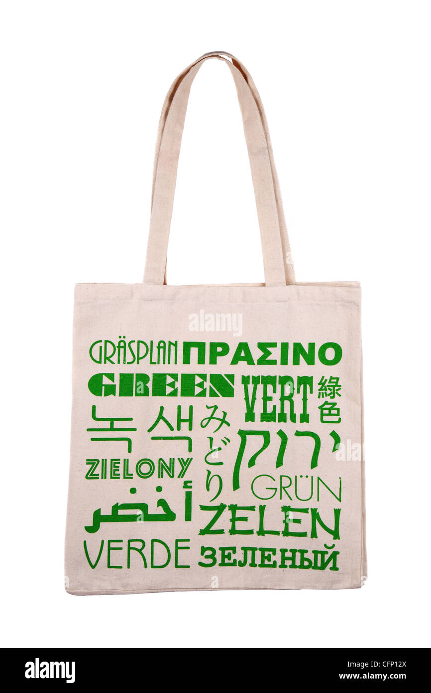 Wiederverwendbare Stofftasche Tote Eine Umweltfreundliche Option, Das Wort Grün Übersetzt In Viele Verschiedene Sprachen Stockfoto