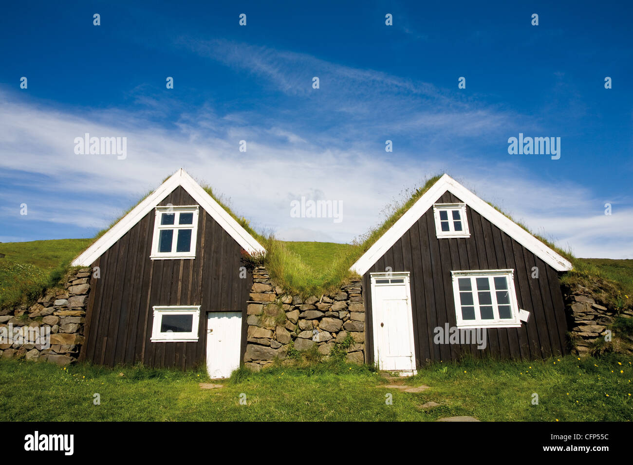 Traditionellen Rasen Häuser, Skaftafell-Nationalpark, Island Stockfoto