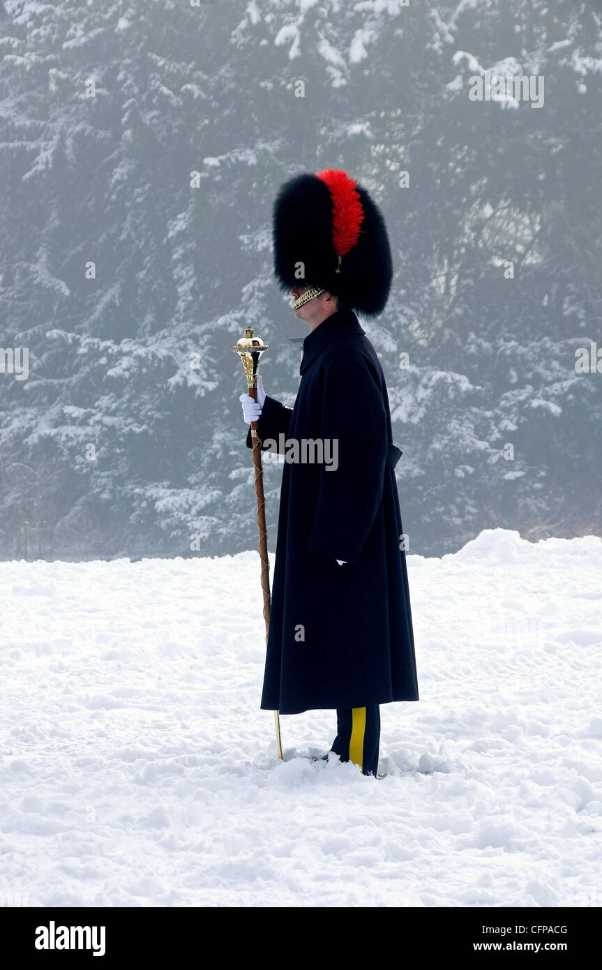 Mitglied der Heavy Cavalry und Cambrai Band Royal Salute Im Winter Museum Gardens York North Yorkshire England Vereinigtes Königreich Großbritannien GB Großbritannien Stockfoto