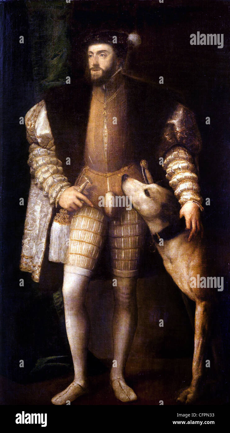 Tiziano-Porträt von Karl der fünfte (V) im Alter von 35 mit seinem Hund Sampère Museo del Prado - Madrid Stockfoto