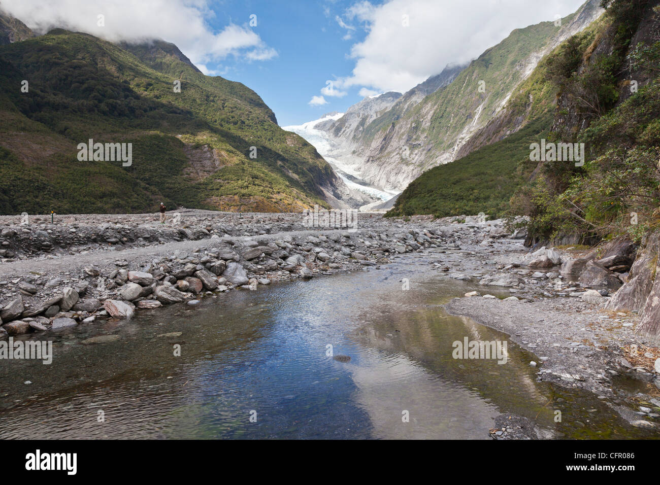 Franz Josef Glacier, West Coast, New Zealand, spiegelt sich in einem Bach im Tal. Stockfoto