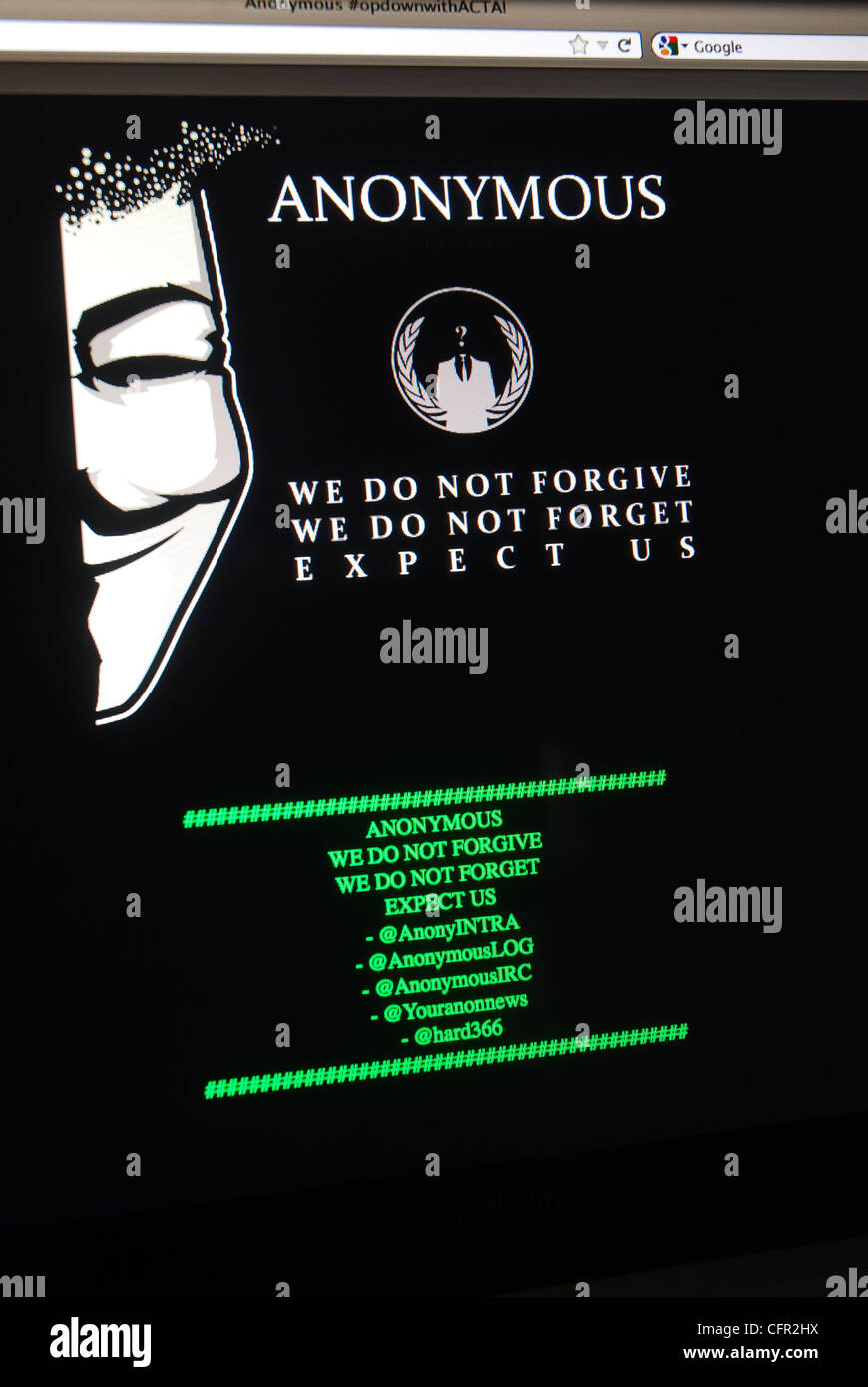 Die Homepage gehackt Website Anzeige von weltweit Hacker-Gruppe Anonymous. Stockfoto