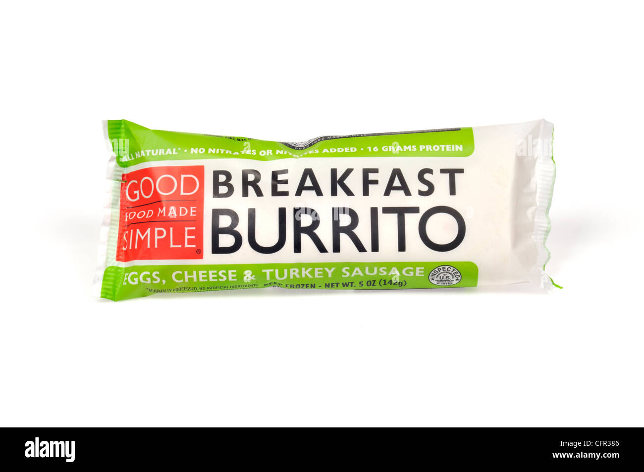 Verpackt frozen food Frühstück Burrito durch gutes Essen einfach gemacht mit Eiern, Käse und der Türkei Wurst auf weißem Hintergrund ausschneiden, USA Stockfoto