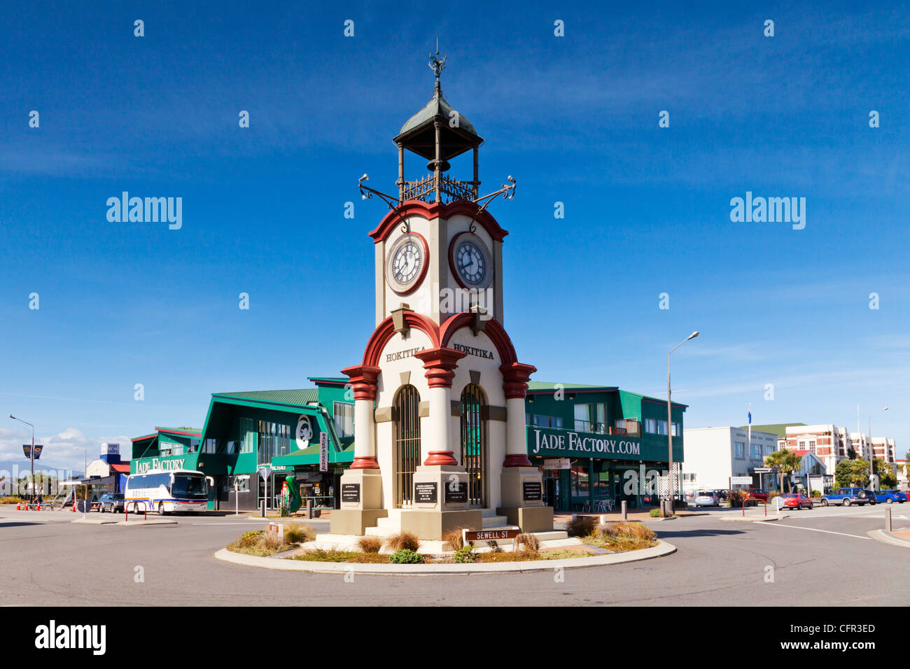 Hokitika Clock Tower und Jade-Fabrik, West Coast, New Zealand. Stockfoto