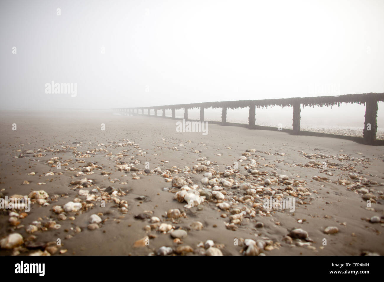 Nebel Wolken Sandown Beach auf der Isle Of Wight. Hölzerne Buhnen verschwinden in der niedrigen Wolken im englischen Badeort. Stockfoto