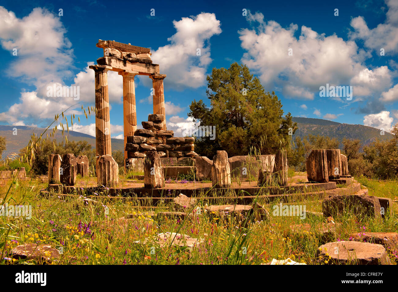 Die Tholos im Heiligtum der Athena Pronaia, ein Rundbau mit dorischen Säulen 380 BC. Delphi-Griechenland Stockfoto