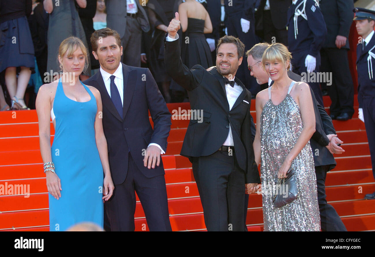 Sunrise Coigney, Mark Ruffalo, Jake Gyllenhaal, Chloe Sevigny und David Fincher in Cannes 2007 für 'Zodiac' Premiere. Stockfoto