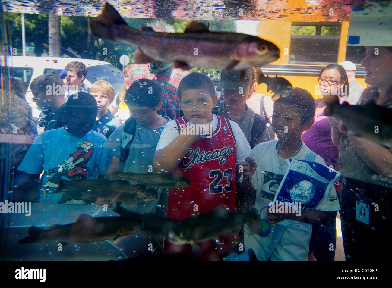 Schüler schauen einige der kalifornischen einheimische Fische schwimmen in einem 12.000-Gallonen-Tank auf dem Display am State Science Day an das State Capitol, Mittwoch, 23. Mai 2007. Mehr als 2000 tourte dritte bis sechste Klasse der Exponate, wo erfuhren sie über Umweltverschmutzung, Chemie, Insekten und Tiere. Die Califor Stockfoto