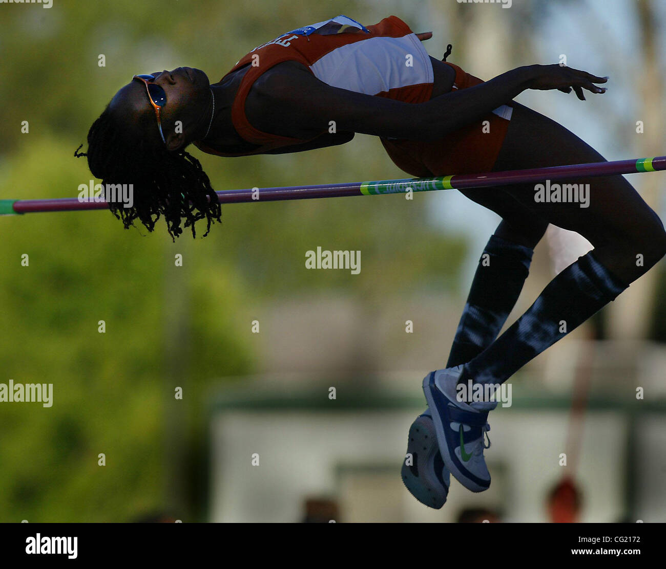 Destinee Hooker aus Texas geht über der Bar bei ihrem letzten Versuch, sie gewann die Damen-Hochsprung bei 1,92 Meter. Bild aufgenommen am Tag3 der NCAA Titel und Feld-Meisterschaft. 8. Juni 2007. Sacramento Bee Bryan Patrick Stockfoto