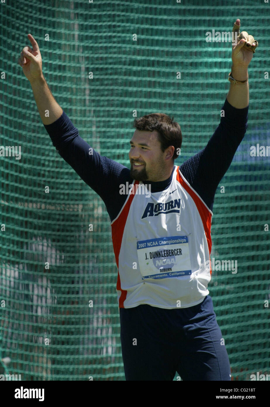 Jake Dunkleberger Auburn reagiert nach dem Sieg Mens Hammer mit einem Wurf von 235 / 09 zu werfen. Bild aufgenommen am Tag3 der NCAA Titel und Feld-Meisterschaft. 8. Juni 2007. Sacramento Bee Bryan Patrick Stockfoto