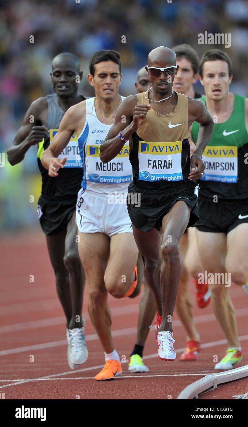 26. August 2012. Birmingham Alexander Stadion, Birmungham, UK, Sonntag. 26.08.2012. Diamond League Leichtathletik. Aviva-Serie. Mo Farah (GBR, Großbritannien) führt in der letzten Runde. Stockfoto