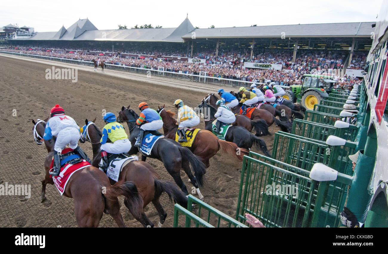 25. August 2012 - Saratoga Springs, New York, USA - Beginn des Travers Stakes bei Saratoga Race Course am Travers Stakes in Saratoga Springs, New York am 25. August 2012. Golden Ticket und Alpha deadheaded um den Sieg zu teilen. (Kredit-Bild: © Scott Serio/Eclipse/ZUMAPRESS.com) Stockfoto