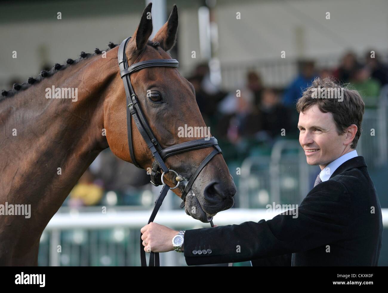 Mittwoch, 29. August 2012. Burghley House Stamford, England, UK. Francis Whittington (GBR) stellt SIR PERCIVAL III bei der ersten Pferd Nachprüfung bei der Land Rover Burghley Horse Trials. Stockfoto