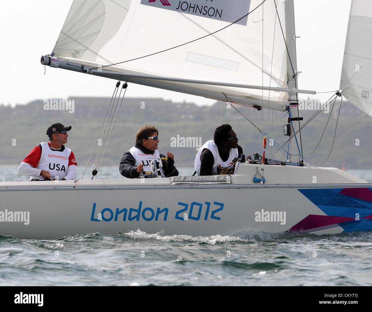 Paralympics London 2012: Segeln Sonar Klasse Paul Callahan, Tom Brown und Bradley-Johnson USA 1. September 2012 Bild von: DORSET MEDIA SERVICE Stockfoto