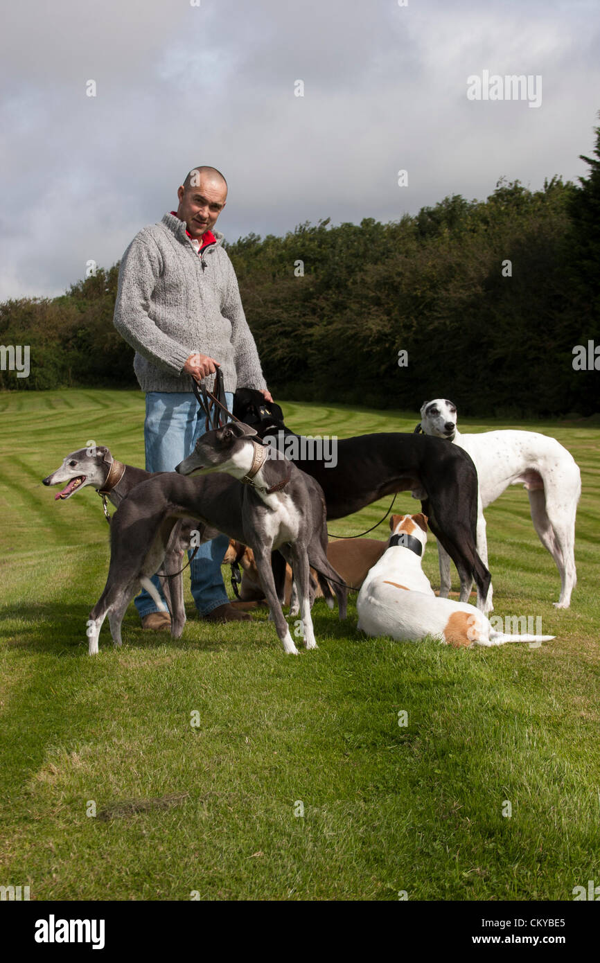 2. September 2012. Northants Greyhound Rescue Gala Day. Im Holiday Inn. Crick.  Northamptonshire UK. Eine Person, die Hunde zu halten, während die Besitzer ihre Hunde registrieren. NGR wurde ist eine Wohltätigkeitsorganisation registriert und im Jahr 2000, im Ruhestand, verlassene und unerwünschte Windhunde im Bereich Northamptonshire eine Rettung, Rehabilitation und Notvermittlung Service anzubieten. Stockfoto