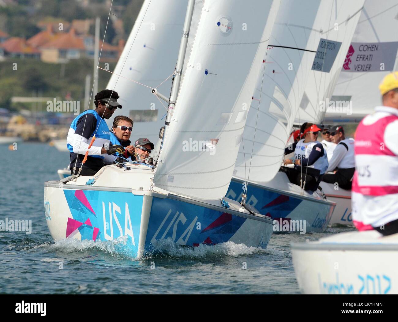 Paralympics London 2012: Segeln Sonar Klasse Paul Callahan, Tom Brown und Bradley-Johnson USA 3. September 2012 Bild von: DORSET MEDIA SERVICE Stockfoto